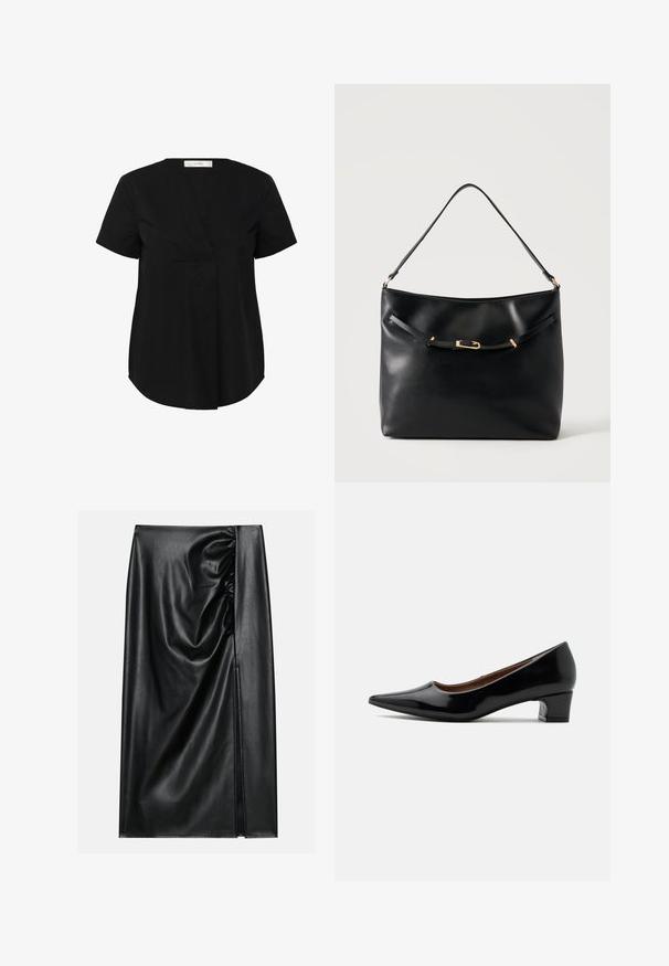 Haut noir à manches courtes avec un ourlet légèrement arrondi, présentant un décolleté en V et un pli avant caché. Fabriqué en tissu lisse et léger.; Jupe en cuir noir avec une texture lisse, présentant une section froncée sur un côté et une fente sur le côté pour un détail supplémentaire.; Escarpin à talon bas en cuir verni noir, bout pointu et talon bloc courbé, présenté de profil sur un fond clair uni.; Sac à épaule en cuir noir avec une bandoulière unique et un petit détail de boucle dorée à l'avant, sur un fond clair uni.