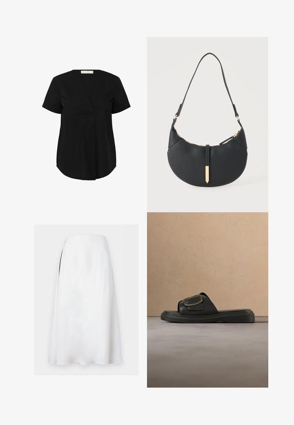 Haut noir à manches courtes avec un ourlet légèrement arrondi, présentant un décolleté en V et un pli avant caché. Fabriqué en tissu lisse et léger.; Jupe midi blanche en forme trapèze avec une taille haute et une discrète fente latérale sur fond uni.; Sandale noire à enfiler avec une large bride et une grande boucle dorée, posée sur un sol tapissé de beige près d'un canapé marron clair.; Sac à main noir en forme de croissant avec une bandoulière unique, une fermeture éclair dorée et une languette décorative rectangulaire dorée à l'avant.
