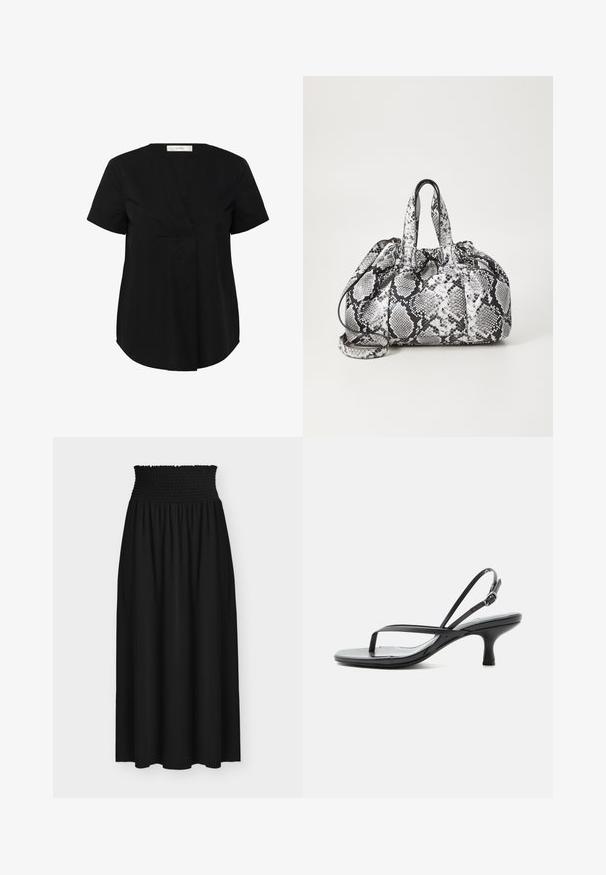 Top negro de manga corta con un dobladillo ligeramente curvado, que presenta un escote en V y un pliegue frontal oculto. Fabricado con una tela suave y ligera.; Falda maxi negra con cintura elástica fruncida ancha y tela fluida debajo de la cintura.; Sandalia negra con tiras, tacón bajo tipo 'kitten heel', tira delgada para el dedo y correa ajustable en el tobillo con hebilla plateada, sobre fondo blanco.; Bolso de mano con patrón de piel de serpiente en blanco y negro, con dos asas, un cierre de cordón y una correa para el hombro desmontable. Textura suave.