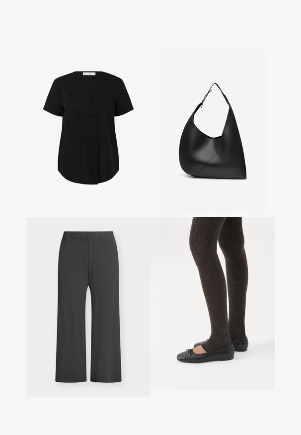 Top negro de manga corta con un dobladillo ligeramente curvado, que presenta un escote en V y un pliegue frontal oculto. Fabricado con una tela suave y ligera.; Pantalones anchos negros con cinturilla elástica, hechos de tela suave. Textura lisa sin patrones ni detalles, adecuados para uso casual.; Piernas con leggings oscuros acanalados combinados con bailarinas negras que presentan pequeños detalles de lazo sobre un fondo blanco.; Bolso de hombro de cuero negro con forma triangular curva, una única correa ajustable y una costura diagonal visible en el frente.
