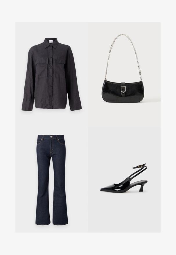 Zwarte linnen shirt met een knoopsluiting aan de voorkant, twee borstzakken, lange mouwen en een klassieke kraag. Gestructureerde stof met een ontspannen pasvorm.; Donkere denim flared jeans met een hoge taille, voorzien van zichtbare stiksels, een knoopsluiting aan de voorkant en het standaard ontwerp met vijf zakken.; Zwarte gepatineerde leren slingback hakken met een puntige neus, lage blokhak en een verstelbare enkelband met een gouden gespsluiting.; Zwarte lakleren schoudertas met een zilveren gespdetail en een zilveren kettingriem, getoond tegen een effen lichte achtergrond.