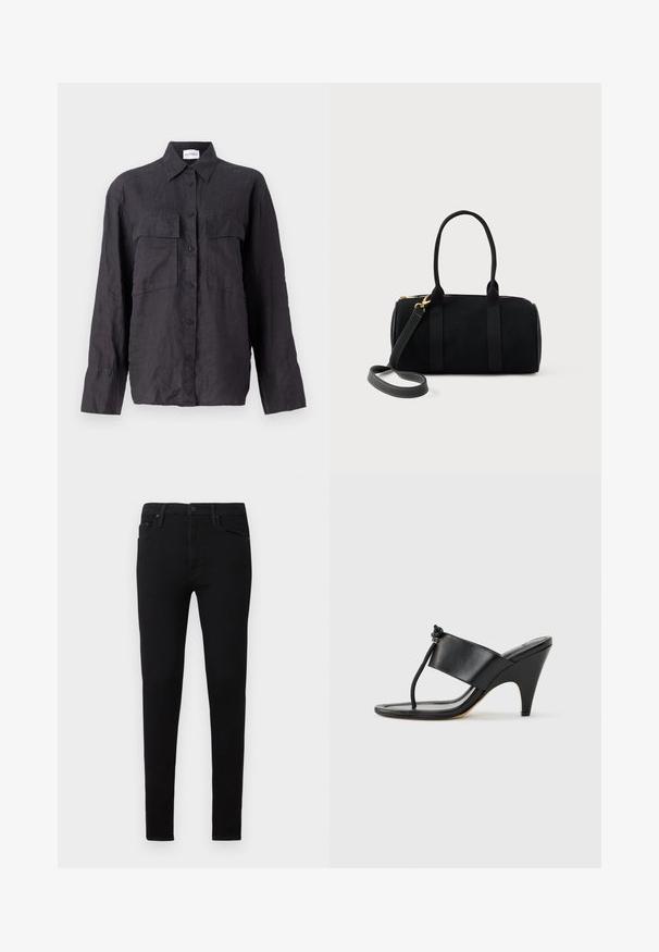 Sort linned skjorte med knaplukning foran, to brystlommer, lange ærmer og klassisk krave. Teksturområde med løstsiddende pasform.; Sorte skinny jeans lavet af glat denimstof. Har et klassisk fem-lomme-design og knaplukning i taljen.; Sort højhælet sandal med bred frontrem og en tåsløjfe med en knyttet snordetalje, vist i profil på hvid baggrund.; Sort cylindrisk håndtaske med dobbelthåndtag og en aftagelig skulderrem, udstyret med guldfarvet hardware og lynlåslukning i toppen.