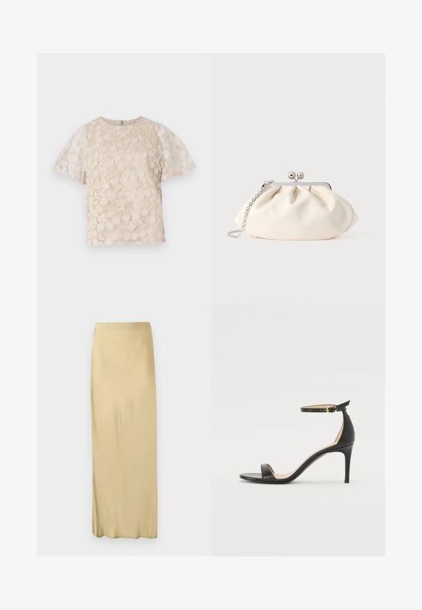 Blouse beige avec broderie florale, manches bouffantes transparentes, encolure ronde et fermeture éclair au dos. Motif floral texturé sur le panneau avant.; Jupe droite beige, taille haute, longueur cheville, avec une texture lisse et sans motifs ni ornements visibles.; Sandale à talons hauts en cuir noir avec une lanière de cheville. Présente une texture lisse, un bout ouvert et un talon fin. Détail de boucle en ton doré.; Pochette en tissu crème avec un design froncé, cadre en métal argenté, deux boules décoratives, et une bandoulière chaîne argentée.