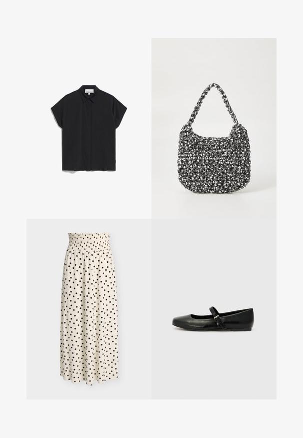 Zwarte korte mouwen shirt met een kraag, met een schoon, minimalistischer ontwerp en een gladde stoftextuur, knoopsluiting aan de voorkant en geen zichtbare patronen.; Crèmekleurige midirok met zwarte polkadots en een rekbare, geplooide tailleband, weergegeven op een effen achtergrond.; Zwarte leren balletschoenen met een ronde neus, een platte zool en een dunne verstelbare band over de wreef met een metalen gesp.; Geweven handtas in zwart en wit met een ronde vorm, gestructureerd oppervlak en een gevlochten handvat. Geschikt voor dagelijks gebruik.