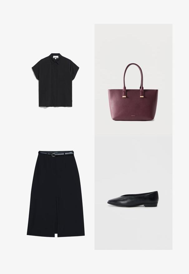 Zwarte korte mouwen shirt met een kraag, met een schoon, minimalistischer ontwerp en een gladde stoftextuur, knoopsluiting aan de voorkant en geen zichtbare patronen.; Zwarte knie-lange rok met een vooraanstaande split, gemaakt van gladde stof. Heeft een dunne zwarte riem met een zilveren gesp en riemlussen.; Zwart leren platte schoen met een spitse neus, iets verhoogde hak en een glad oppervlak. Eenvoudig ontwerp zonder zichtbare hardware of patronen.; Donkerpaarse leren shopper met twee handvatten en klein gouden merkembleem aan de voorkant, afgebeeld tegen een effen lichte achtergrond.