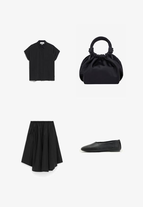 Zwarte korte mouwen shirt met een kraag, met een schoon, minimalistischer ontwerp en een gladde stoftextuur, knoopsluiting aan de voorkant en geen zichtbare patronen.; Zwarte rok tot op knielengte met elastische tailleband en geplooide stof die een uitlopende, asymmetrische zoom creëert.; Zwarte leren platte schoen met ronde neus en lage hak, ontworpen voor casual of formeel gebruik.; Zwarte zachte stoffen handtas met geplooide bovenkant en afgeronde handvatten die aan de basis geknoopt zijn, tegen een effen lichte achtergrond.