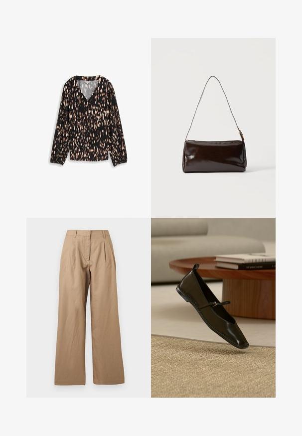 Blouse noire avec un col en V, présentant un motif éclaboussé en marron et crème. Manches longues avec des poignets élastiques et coupe ample.; Pantalon beige à jambes larges avec plis à l'avant, passants pour ceinture et fermeture frontale dissimulée, présenté sur un fond uni.; Chaussure plate Mary Jane en cuir noir flottant au-dessus d'un tapis beige tissé, avec une table ronde en bois et des livres empilés en arrière-plan.; Sac à bandoulière rectangulaire en cuir marron foncé avec une seule sangle fine et une boucle dorée sur un fond uni.