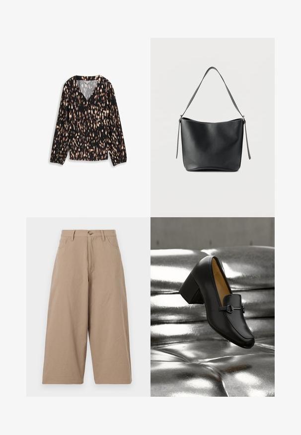 Blouse noire avec un col en V, présentant un motif éclaboussé en marron et crème. Manches longues avec des poignets élastiques et coupe ample.; Pantalons larges kaki en coton, dotés d'une taille haute, de poches frontales et d'une fermeture à bouton unique. Texture lisse et coupe droite.; Mocassin à talon haut en cuir noir avec un bout arrondi, une bride décorative et un petit détail métallique. Texture lisse et design élégant.; Sac à bandoulière en cuir noir avec une seule sangle large et un matériel argenté subtil sur un fond blanc uni.