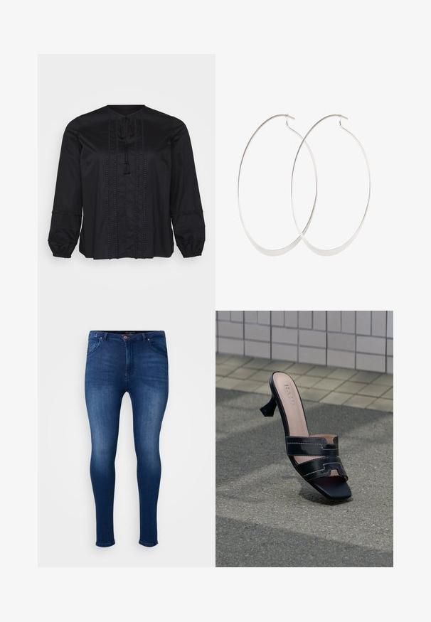 Must mustriga tuunika pikkade varrukatega, ringkraega, dekoratiivsete õmblustega ja sõlme-nööpidega. Mustrilised detailid varrukate ääres.; Tumedat sinised skinny teksad, mis on tehtud denimist. Omavad viit taskut, nupukinnitust ja siledat tekstuuri, millel on minimaalne pleekimine.; Must avatud varbaga kontsaga mule topeltrihmade ja ruudukujulise varbaga, tekstuuriga kõnniteel plaaditud seina taustal.; Hõbedased rõngassõrmused õhukese, sujuva disainiga; piklik ovaalne kuju; poleeritud viimistlus; omavad kindlat konksu sulgemist.