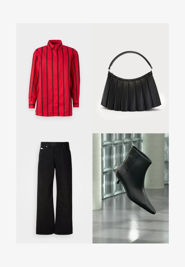 Rød langærmet skjorte med knapper og sorte lodrette striber samt en spids krave, vist mod en ensfarvet baggrund.; Sorte breddebenede jeans lavet af bomuld. Har forlommer, en knaplukning og en klassisk denimtekstur. Minimalistisk design uden mønstre.; Sort læderankelstøvle med spids tå og lav kitten-hæ, vist vinklet mod en poleret gulv- og glasblokvæg.; Sort plisseret håndtaske lavet af syntetisk læder, med et buet håndtag og lynlåslukning i toppen. Glat tekstur med struktureret design.