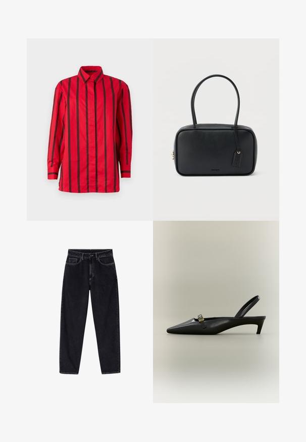 Rode blouse met lange mouwen, knopen, zwarte verticale strepen en een puntige kraag, afgebeeld tegen een effen achtergrond.; Zwarte jeans met hoge taille en rechte pijpen, voorzien van knopen aan de voorkant, rits, riemlussen en vijf zakken, afgebeeld tegen een witte achtergrond.; Zwarte lederen slingback kitten heel met puntige neus en klein gouden gespsluiting op een effen achtergrond.; Zwarte rechthoekige handtas met dubbele afgeronde handvaten, gouden ritssluiting en geperst "HUGO" logo aan de voorkant met een aangehecht lederen label.
