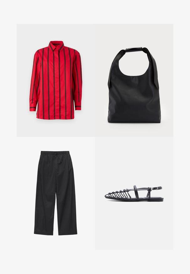Rode blouse met lange mouwen, knopen, zwarte verticale strepen en een puntige kraag, afgebeeld tegen een effen achtergrond.; Zwarte broek met wijde pijpen, elastische tailleband en verstelbaar koord, gemaakt van lichtgewicht stof.; Zwarte platte sandaal met meerdere dunne bandjes, een enkelfiguur met gesp en een open-toe kooi-ontwerp op een witte achtergrond.; Zwarte lederen handtas met een grote open bovenkant en een enkele schouderriem. Zachte textuur, minimalistisch ontwerp, met subtiele metalen accenten.