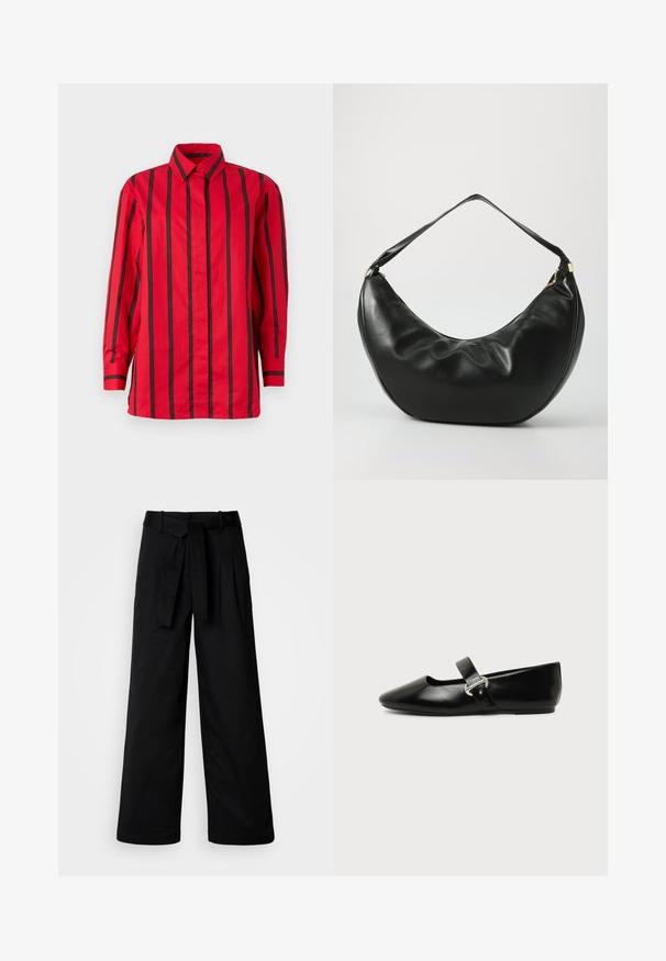 Rode blouse met lange mouwen, knopen, zwarte verticale strepen en een puntige kraag, afgebeeld tegen een effen achtergrond.; Zwarte wijde broek met een tailleband, met een strak design en een gladde textuur, gemaakt van een duurzame stof.; Zwarte leren Mary Jane platte schoen met een afgeronde neus en zilveren gespsluiting op een effen achtergrond.; Zwarte leren schoudertas met een gebogen vorm, zachte textuur en een enkele schouderband; beschikt over een gouden rits en subtiele branding.