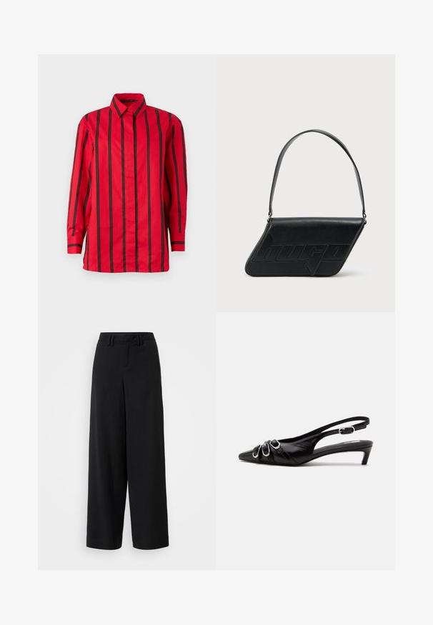 Camisa roja de manga larga con botones, con rayas verticales negras y cuello puntiagudo, mostrada sobre un fondo liso.; Pantalones de pierna ancha negros, hechos de una tela suave, con un diseño de frente plano, detalles plisados y trabillas en la cinturilla.; Zapato slingback de cuero negro con punta puntiaguda, tres hebillas plateadas en la parte delantera y tacón bajo tipo «kitten» sobre fondo blanco.; Bolso de hombro de cuero negro con forma triangular, logo en relieve y una sola correa ajustable. Diseño minimalista con textura suave.