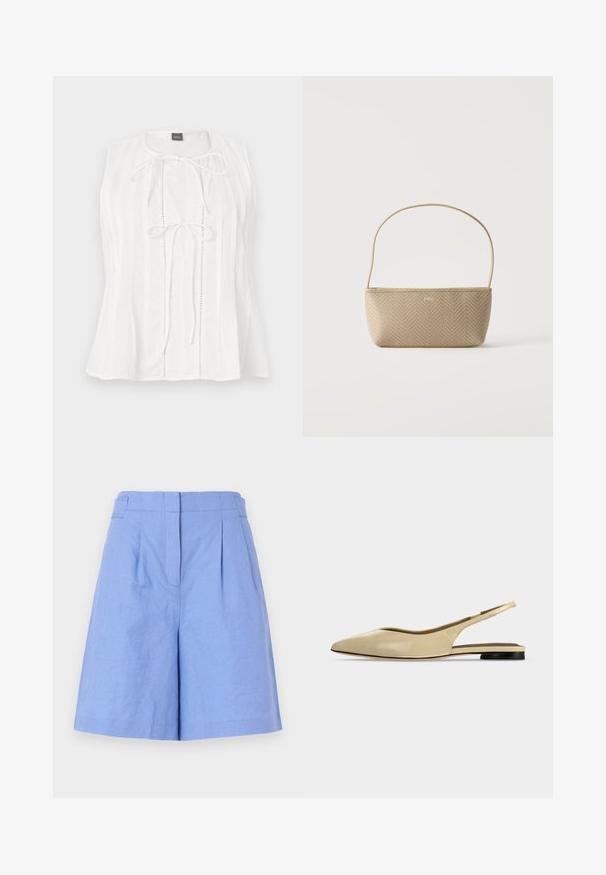 Blouse blanche sans manches avec des plis verticaux et deux liens à l'avant sous l'encolure ronde, étiquetée BOSS au col.; Shorts en lin bleu clair à taille haute, avec des plis, des poches latérales et une texture lisse, conçus pour un ajustement ample.; Chaussure plate beige à bout pointu avec bride arrière, petit talon noir et finition en cuir lisse, vue de côté sur un fond uni.; Sac à main tissé beige avec fine bandoulière et petit logo doré "BOSS" à l'avant, présenté sur fond blanc uni.