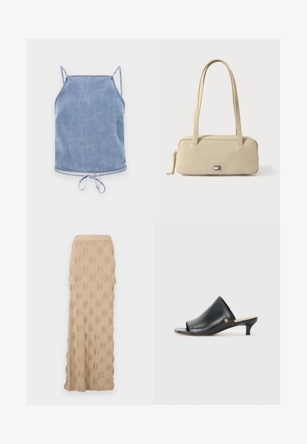 Lichtblauw denim crop top met dunne bandjes, een relaxte pasvorm en een trekkoord onderaan. Heeft contrasterende stiksels langs de randen.; Beige gebreide maxi-rok met een tekstuurpatroon en rafelige accenten overal en een geribde tailleband. Soepel en flexibele stof.; Zwarte leren open teen muiltjes met een lage hak. Heeft een glad oppervlak en een gouden logo accent aan de zijkant.; Beige rechthoekige handtas gemaakt van glad materiaal met twee handvatten, een ritsluiting en een metalen logo-accent met merknaam aan de voorkant.