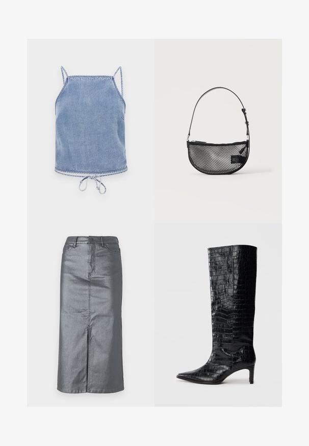 Lysblå denim crop top med tynde stropper, en afslappet pasform og en snøre i kanten. Har kontrastsyninger langs kanterne.; Metalgrå denim-nederdel med en lige form, for-slids, fem-lomme design og knaplukning i taljen. Flade sømme er synlige.; Sorte knæhøje støvler med en blank, krokodillemønstret tekstur, spids tå og en affaset hæl. Glat syntetisk materiale.; Sort mesh halvmåne håndtaske med en kort justerbar læderrem og lynlåslukning på en ensartet lys baggrund.