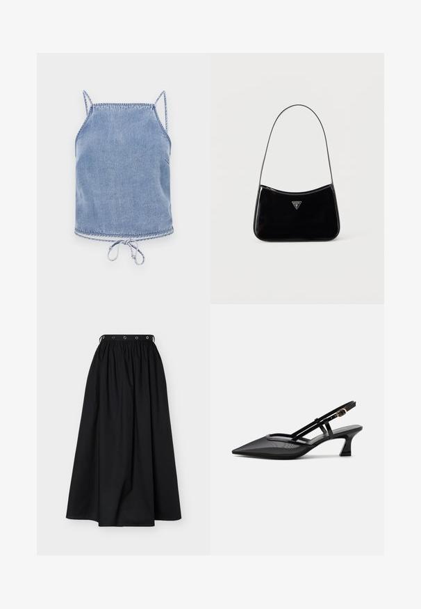 Un crop top en denim bleu clair avec des bretelles fines, une coupe décontractée et un ourlet à cordon de serrage. Présente des coutures contrastées le long des bords.; Jupe longue noire taille haute avec tissu froncé et ceinture ornée d'œillets argentés, présentée sur un fond clair uni.; Chaussure slingback noire à bout pointu avec tige en mesh, fines brides, boucle dorée et petit talon incurvé sur fond blanc.; Sac à bandoulière en cuir verni noir avec une sangle fine, logo triangulaire Guess sur le devant et une fermeture éclair supérieure.