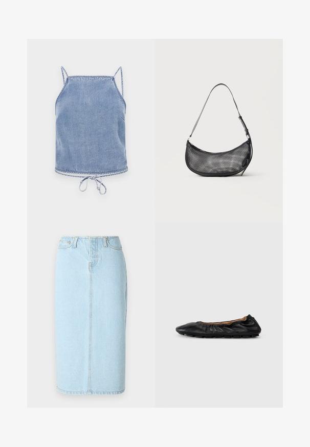 Lichtblauw denim crop top met dunne bandjes, een relaxte pasvorm en een trekkoord onderaan. Heeft contrasterende stiksels langs de randen.; Lichtblauwe denim kokerrok met een hoge taille, vijf-pocket ontwerp en subtiele stiksels langs de naden.; Zwarte leren balletschoenen met geplooid detail bij de kraag, ronde neus en flexibele rubberen zool. Gladde textuur overal.; Kleine zwarte mesh schoudertas in halve maanvorm met verstelbare dunne band, tegen een effen lichte achtergrond.
