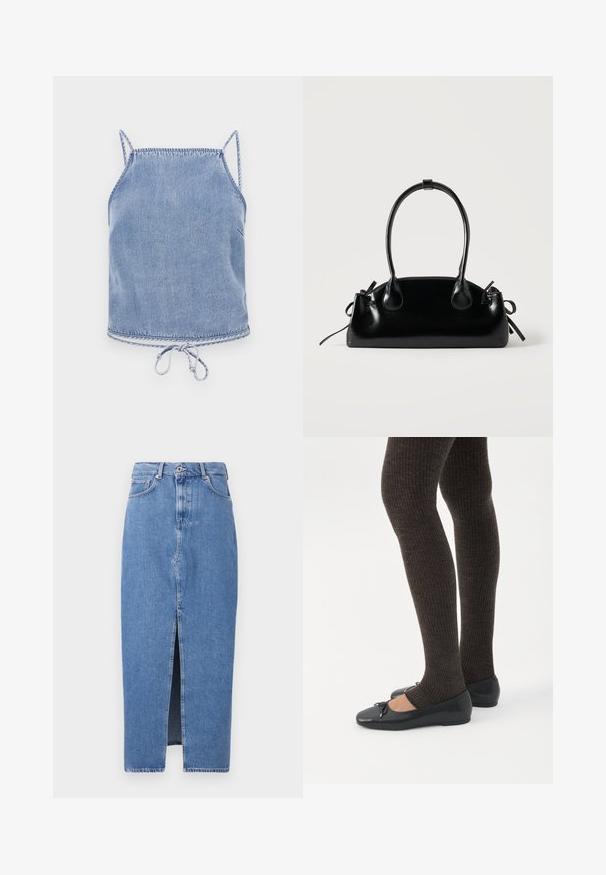 Lysblå denim crop top med tynde stropper, en afslappet pasform og en snøre i kanten. Har kontrastsyninger langs kanterne.; Lyseblå denim midi-nederdel med en frontslids, klassisk fem-lomme design og lukning med topknap. Stoffet har en let struktur.; Ben iført mørke ribbede leggings kombineret med sorte balletsko med små sløjfedetaljer på hvid baggrund.; Lille sort blank håndtaske med to lange håndtag og snøre-detaljer i siden på en ensfarvet lys baggrund.