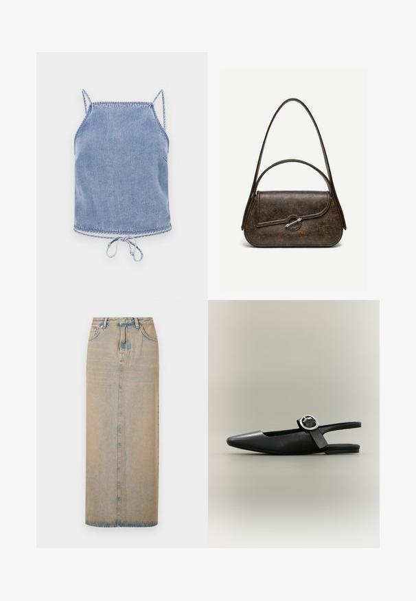 Un crop top en denim bleu clair avec des bretelles fines, une coupe décontractée et un ourlet à cordon de serrage. Présente des coutures contrastées le long des bords.; Une longue jupe en denim bleu clair avec une coupe droite. Comprend cinq poches, des passants de ceinture et un multiplicateur de boutons à l'avant. Texture décolorée sur toute la surface.; Chaussure plate slingback noire à bout pointu, boucle argentée et petit talon sur fond neutre.; Sac à main en cuir brun foncé texturé avec deux anses, forme rectangulaire arrondie, et fermeture à bouton circulaire argenté sur le rabat avant.