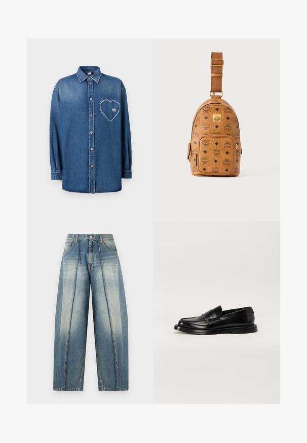Chemise en denim bleu à manches longues avec une patte de boutonnage, un col et un patch en forme de cœur effiloché sur la poitrine gauche.; Jean en denim bleu à jambes larges avec taille haute, plis avant et panneaux verticaux délavés sur un fond uni.; The Antipode COLLEGE - Mocassins - black; Petit sac bandoulière en cuir beige avec bandoulière réglable, poche zippée à l'avant et motif répété du logo noir MCM.