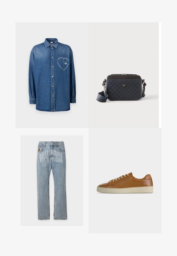 Chemise en denim bleu à manches longues avec une patte de boutonnage, un col et un patch en forme de cœur effiloché sur la poitrine gauche.; Jean en denim bleu clair avec poches avant et texte "Billionaire Boys Club" ainsi que logo d’astronaute imprimés sur la partie haute avant.; Baskets basses en cuir marron avec lacets crème et semelle épaisse en caoutchouc crème, vues de profil sur fond blanc.; Sac bandoulière rectangulaire bleu foncé avec sangle réglable, fermeture éclair et motif subtil du logo sur le panneau avant.
