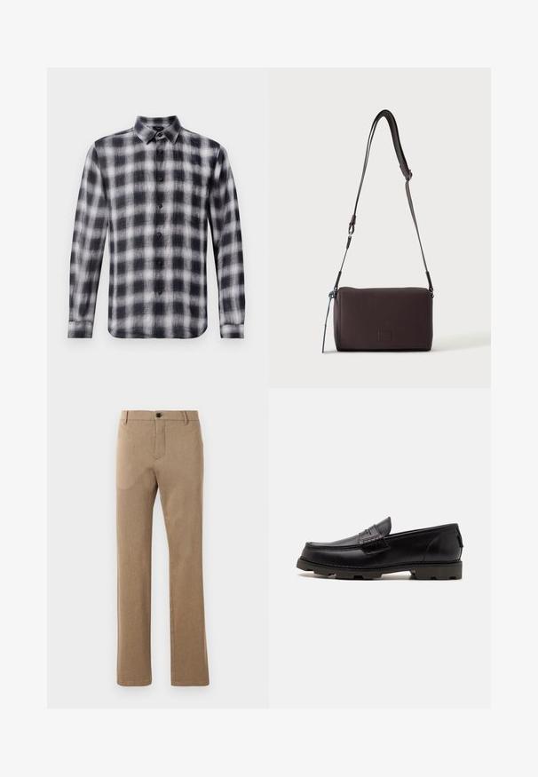 Chemise à carreaux en noir et blanc, à manches longues, avec col, fabriquée en tissu léger au toucher doux, avec des boutons noirs.; Pantalon marron ajusté, fabriqué dans un tissu texturé avec une coupe droite, présentant une fermeture à bouton à l'avant et des poches latérales.; Mocassins en cuir noir avec un bout arrondi, des coutures décoratives et une semelle texturée pour une meilleure adhérence. Talon légèrement surélevé.; Sac bandoulière en cuir marron foncé texturé avec une sangle réglable et un petit accent décoratif bleu sur le côté.
