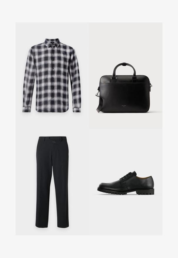 Chemise à carreaux en noir et blanc, à manches longues, avec col, fabriquée en tissu léger au toucher doux, avec des boutons noirs.; Pantalon noir à coupe droite, en tissu lisse. Il présente une fermeture à bouton à l'avant et des détails de couture subtils. Conception simple sans motifs.; Chaussure de ville noire en cuir à lacets avec une semelle épaisse et rainurée et un petit talon, présentée sur fond blanc.; Mallette en cuir noir avec doubles poignées, bandoulière amovible et petit texte de logo à l'avant, sur un fond uni clair.