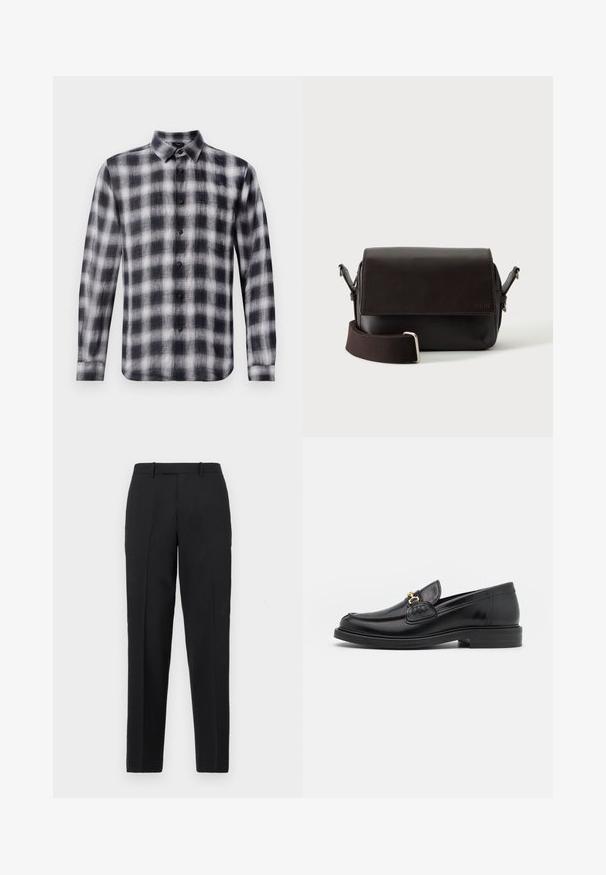 Chemise à carreaux en noir et blanc, à manches longues, avec col, fabriquée en tissu léger au toucher doux, avec des boutons noirs.; Theory STRAIGHT - Pantalon classique - deep black; Mocassins en cuir noir avec un embout rond, présentant des accents en métal doré et des détails de couture, montés sur une semelle en caoutchouc texturé et basse.; Sac bandoulière en cuir marron foncé avec fermeture à rabat et sangle en tissu réglable sur fond blanc.