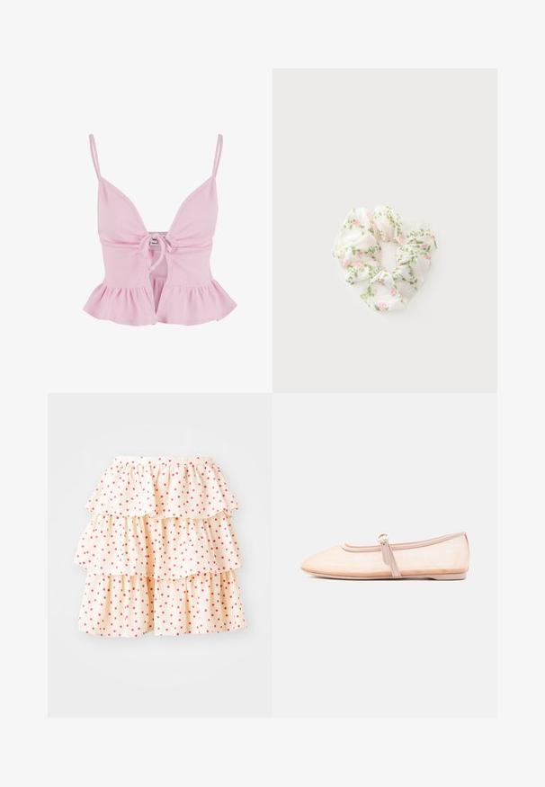 Haut rose clair avec texture côtelée, décolleté en V, bretelles réglables, et un devant froncé avec un ourlet en dentelle. Pas de matériel de fermeture visible.; Jupe à volants en tissu crème clair avec des pois rouges. Elle présente trois couches de volants au bas et une taille élastique.; Chaussure plate beige clair avec un bout pointu et une bride latérale avec boucle, présentée sur un fond blanc uni.; Chouchou en tissu blanc avec un motif de fleurs roses et de feuilles vertes sur un fond clair.