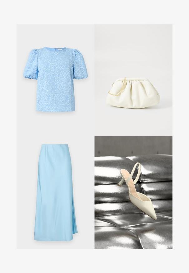 Blusa de manga corta azul claro con un patrón de bordado floral texturizado, escote redondo y mangas abullonadas voluminosas. Cierre de cremallera en la parte posterior.; Falda midi azul claro con una textura suave, que cuenta con una ligera abertura lateral y una pretina elástica para mayor comodidad y facilidad de uso.; Zapato de tacón alto blanco con punta fina y tira trasera apoyado sobre una superficie brillante, plateada metálica y capitoné.; Bolso de mano de cuero blanco con un diseño recogido, cuenta con una cadena dorada y forma redondeada. Textura suave con pliegues suaves y sin patrones.