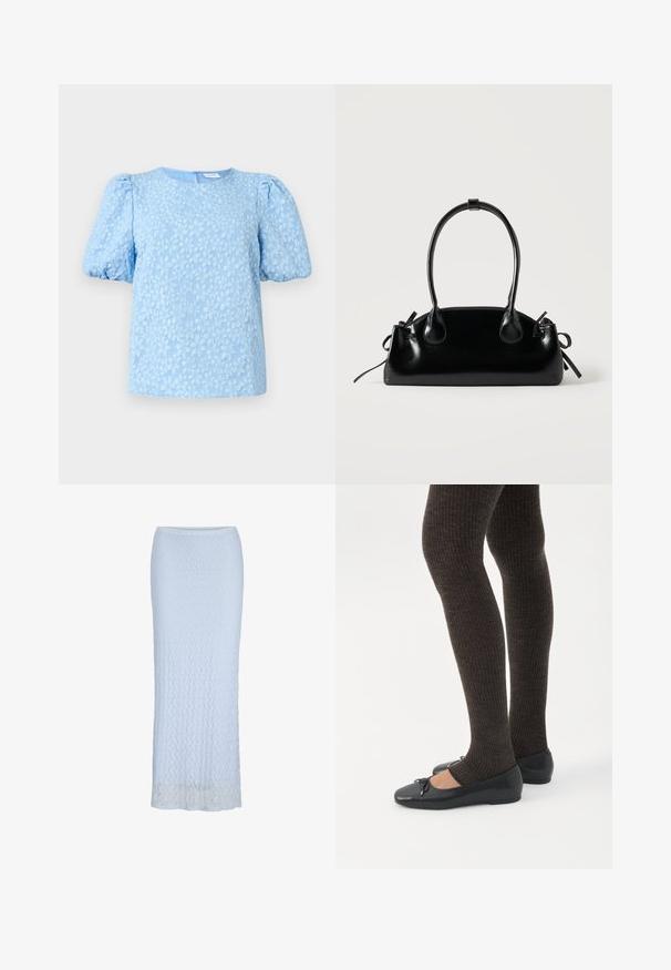 Lyseblå kortærmet bluse med et struktureret blomstermønster, rund halsudskæring og voluminøse puffærmer. Lynlås i ryggen.; Lyseblå blonde blyantskørt med lige pasform, høj talje og semi-gennemsigtigt blomstret blondeoverflade, der går ned til ankellængde.; Ben iført mørke ribbede leggings kombineret med sorte balletsko med små sløjfedetaljer på hvid baggrund.; Lille sort blank håndtaske med to lange håndtag og snøre-detaljer i siden på en ensfarvet lys baggrund.