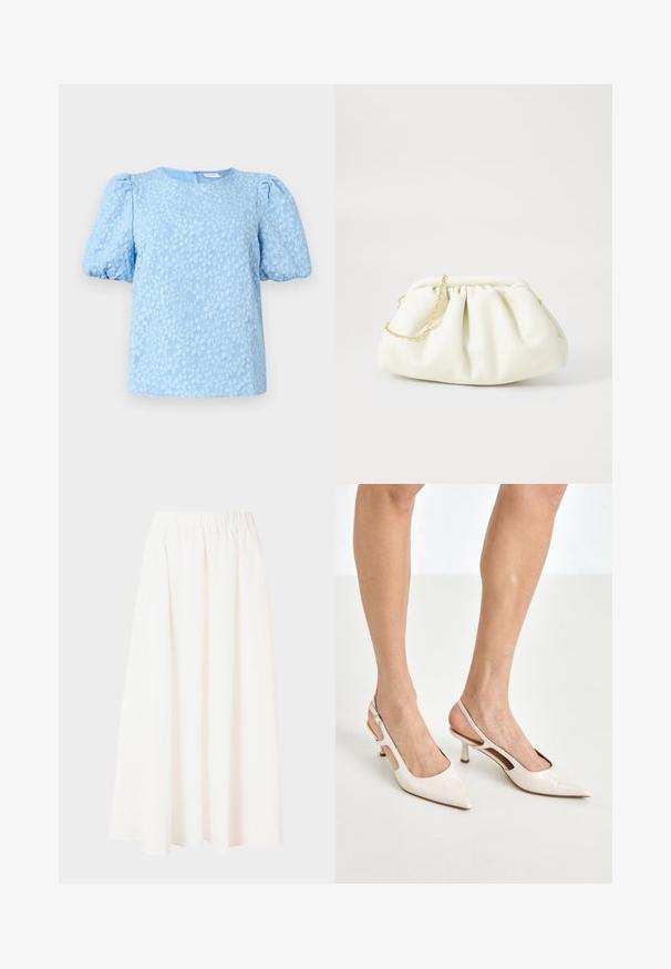 Lyseblå kortærmet bluse med et struktureret blomstermønster, rund halsudskæring og voluminøse puffærmer. Lynlås i ryggen.; Lang nederdel med elastisk talje i lys creme, flydende stof, A-line silhuet, uden mønstre eller udsmykninger, længde til midt på læggen.; Beige patenterede læder slingback hæle med spids tå og 5 cm hæl, med udskårne sider og en tynd ankelrem.; Hvid læderhåndtaske med en samlede design, forsynet med en guldkæde-strop og en rund form. Glat tekstur med bløde folder og ingen mønstre.