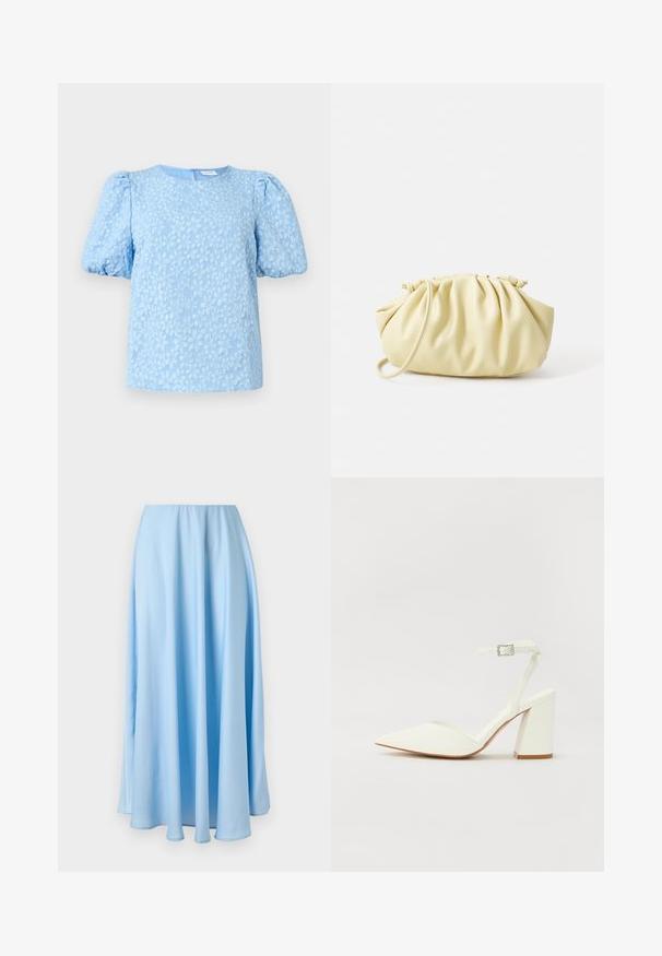 Blusa de manga corta azul claro con un patrón de bordado floral texturizado, escote redondo y mangas abullonadas voluminosas. Cierre de cremallera en la parte posterior.; Falda azul claro hasta el suelo, de talle alto, con pliegues suaves y una textura de tela fluida y lisa.; Sandalia blanca de tacón con puntera afilada, correa ajustable en el tobillo y un tacón cuadrado grueso. Textura lisa con detalles de costura mínimos.; Bolso amarillo plisado hecho de cuero sintético suave, con una forma blanda y una sola correa para el hombro, además de un diseño de parte superior recogida.