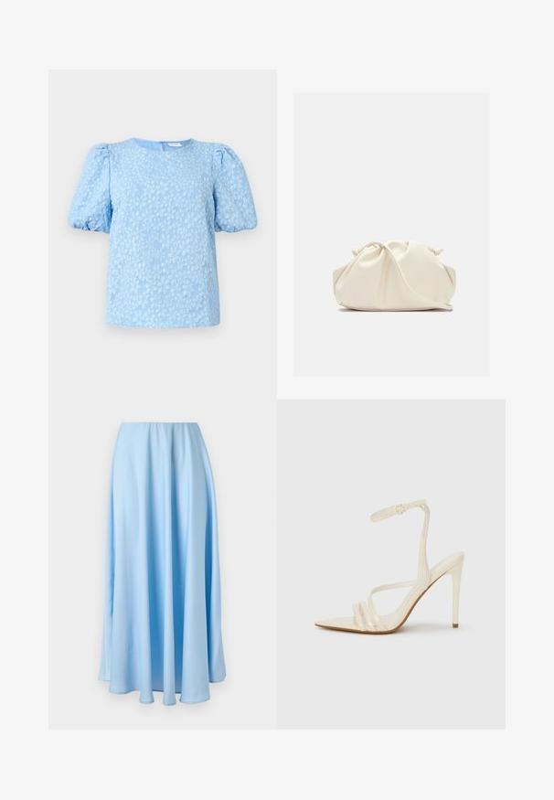 Blusa de manga corta azul claro con un patrón de bordado floral texturizado, escote redondo y mangas abullonadas voluminosas. Cierre de cremallera en la parte posterior.; Falda azul claro hasta el suelo, de talle alto, con pliegues suaves y una textura de tela fluida y lisa.; Sandalias de tacón alto beige con punta estrecha, que cuentan con tres tiras frontales y una tira delgada en el tobillo con hebilla. Textura lisa, diseño minimalista.; Bolso de mano de cuero suave de color crema con diseño fruncido y plisado y una delgada correa para el hombro que descansa delante sobre un fondo liso.