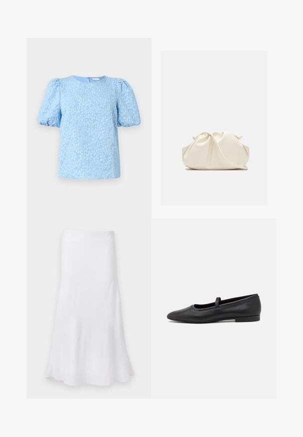 Blusa de manga corta azul claro con un patrón de bordado floral texturizado, escote redondo y mangas abullonadas voluminosas. Cierre de cremallera en la parte posterior.; Falda blanca con forma A fluida, hecha de tejido ligero. Textura suave, a la altura de la rodilla, con un diseño simple sin patrones.; Bailarinas negras de piel lisa, con punta redondeada, una pequeña tira en la parte superior y un diseño minimalista.; Bolso de mano de cuero suave de color crema con diseño fruncido y plisado y una delgada correa para el hombro que descansa delante sobre un fondo liso.