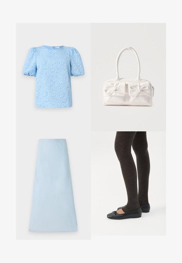 Blusa de manga corta azul claro con un patrón de bordado floral texturizado, escote redondo y mangas abullonadas voluminosas. Cierre de cremallera en la parte posterior.; Falda azul claro en línea A, hecha de una tela suave, que presenta un diseño limpio sin patrones ni acentos visibles, llegando a la mitad del muslo.; Piernas con leggings oscuros acanalados combinados con bailarinas negras que presentan pequeños detalles de lazo sobre un fondo blanco.; Bolso sintético blanco con dos bolsillos delanteros, cada uno con un detalle de lazo atado. Textura suave, asas redondeadas y cierre de cremallera.