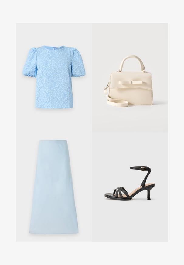 Blusa de manga corta azul claro con un patrón de bordado floral texturizado, escote redondo y mangas abullonadas voluminosas. Cierre de cremallera en la parte posterior.; Falda azul claro en línea A, hecha de una tela suave, que presenta un diseño limpio sin patrones ni acentos visibles, llegando a la mitad del muslo.; Sandalias negras de tacón alto con múltiples tiras finas en la parte delantera, una sola tira en el tobillo con un hebilla dorada y punta cuadrada.; Pequeño bolso beige con asa superior, correa desmontable, solapa frontal y lazo decorativo horizontal sobre un fondo liso.