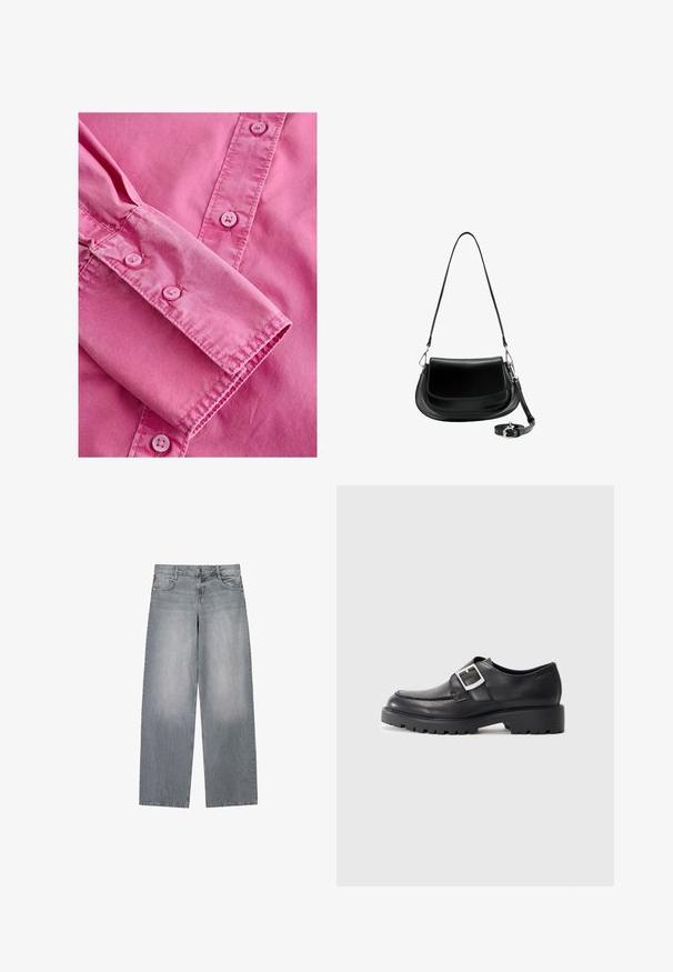 Chemise rose à manches longues avec des poignets boutonnés, présentant une texture lisse et des boutons assortis de couleur rose clair le long de la patte de boutonnage.; Jean denim gris à jambes larges avec un lavage délavé, doté d'une fermeture classique à bouton et zip, cinq poches et des coutures contrastées.; Chaussures en cuir noir avec un bout arrondi, présentant un détail de boucle sur le côté et une semelle épaisse et robuste. Texture lisse avec peu de coutures.; Sac à épaule en cuir noir avec fermeture à rabat, bandoulière longue amovible enroulée à la base, et ferrures en métal argenté sur fond blanc.
