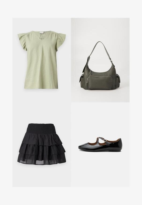 Haut à manches courtes vert clair avec encolure en V, manches à volants froncées et coupe ample. Confectionné dans un tissu doux et léger.; Jupe noire à volants avec une taille smockée. Elle présente trois couches de volants et un tissu léger pour un look fluide.; Chaussure plate Mary Jane en cuir verni noir avec deux découpes et une bride à boucle dorée sur fond blanc.; Sac à épaule en cuir vert avec un design arrondi, poche zippée à l'avant et poches supplémentaires sur les côtés. Texture lisse et matériel minimal.
