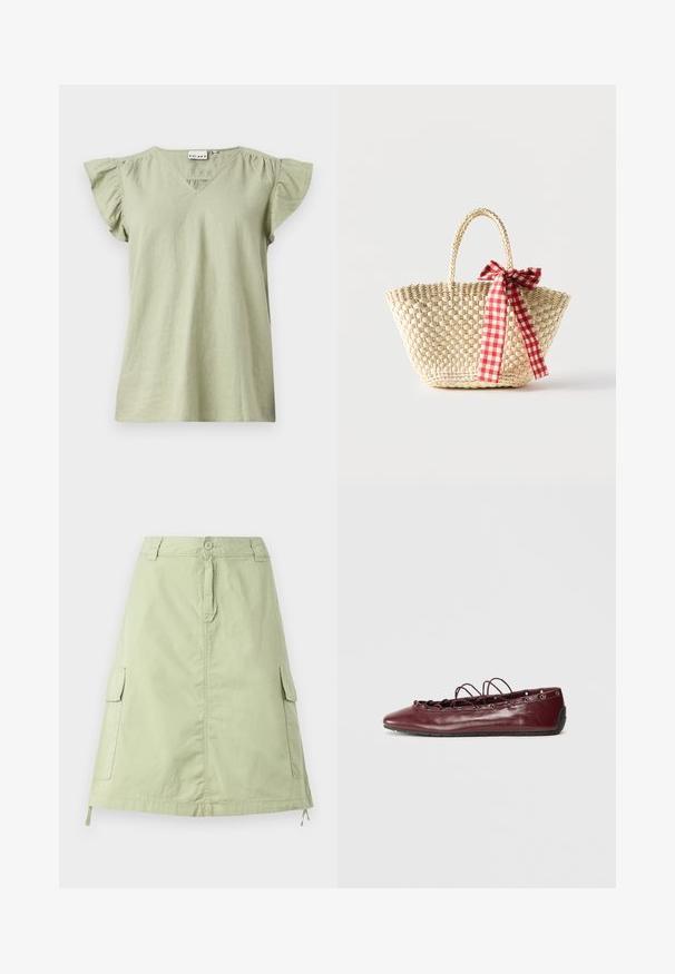 Haut à manches courtes vert clair avec encolure en V, manches à volants froncées et coupe ample. Confectionné dans un tissu doux et léger.; Jupe en coton vert clair, longueur genou, avec deux poches cargo sur les côtés, une fermeture à bouton et une coupe droite décontractée. Texture unie.; Femme ballerine en cuir bordeaux avec un bout pointu, des détails en dentelle sur le devant et des œillets en argent. Semelle souple pour plus de flexibilité et de confort.; Sac cabas en paille tissée avec des poignées tressées et un ruban à carreaux rouge et blanc noué en un nœud d'un côté.