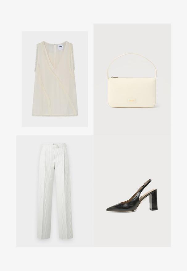 Blouse sans manches de couleur crème avec col en V, bordure diagonale subtile effilochée et petite fermeture par bouton dans le dos sous l’étiquette portant la mention DAY.; Pantalon blanc taille haute avec de fines rayures noires verticales et une ceinture fine à la taille, coupe droite.; Chaussure slingback en cuir noir à bout pointu avec un talon bloc haut et une doublure intérieure beige sur un fond clair uni.; Sac à main rectangulaire de couleur crème avec une seule sangle et une fermeture éclair sur le dessus, comportant une petite plaque de logo embossé à l'avant.