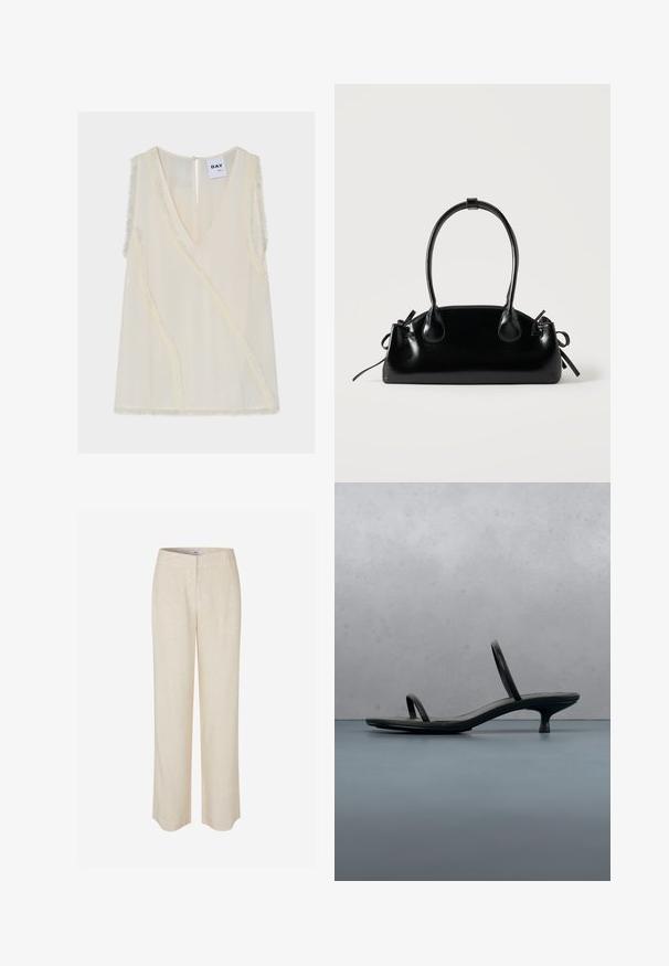 Blouse sans manches de couleur crème avec col en V, bordure diagonale subtile effilochée et petite fermeture par bouton dans le dos sous l’étiquette portant la mention DAY.; Pantalon en lin beige à coupe droite, avec une texture lisse et un léger éclat. Comprend une ceinture et des poches avant discrètes.; Sandale à talon Calvin Klein noire avec des lanières fines, posée sur des carreaux en bois en plein air près d'un mur et de la verdure.; Petit sac à main noir brillant avec deux longues anses et des détails à cordon sur les côtés sur un fond clair uni.