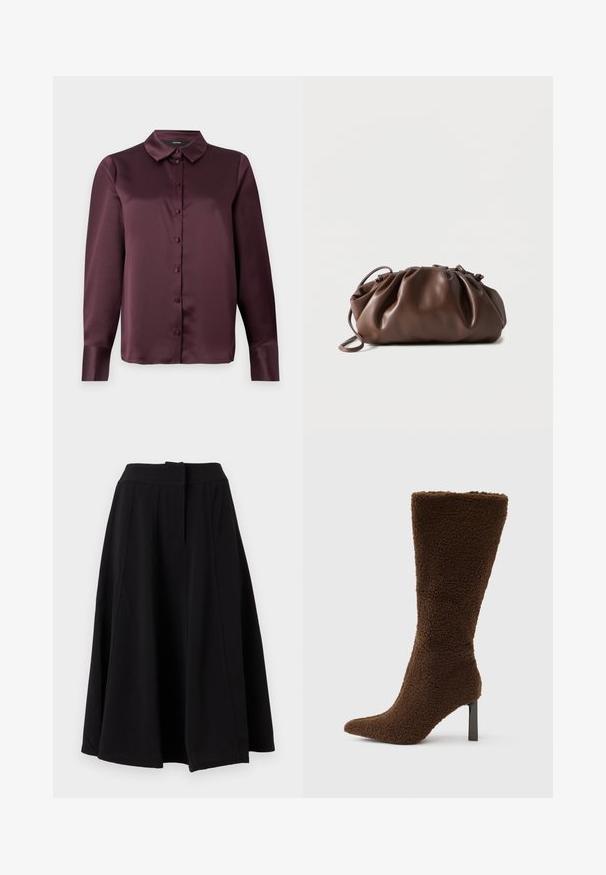 Bordeaux satijnen blouse met knopen, voorzien van een klassieke kraag, lange mouwen en een zachte textuur. Heeft een voorpand met bijpassende knopen.; Zwarte A-lijn midi-rok met brede tailleband en zichtbare verticale naaddetails, getoond tegen een effen achtergrond.; Bruine laars met hak, gemaakt van een getextureerd, pluizig materiaal. Heeft een puntige neus en een smalle, vierkante hak. Verticaal ontwerp met een hoge schacht.; Zachte bruine leren tas met samengevouwen bovenkant en smalle riem, liggend op een witte achtergrond.