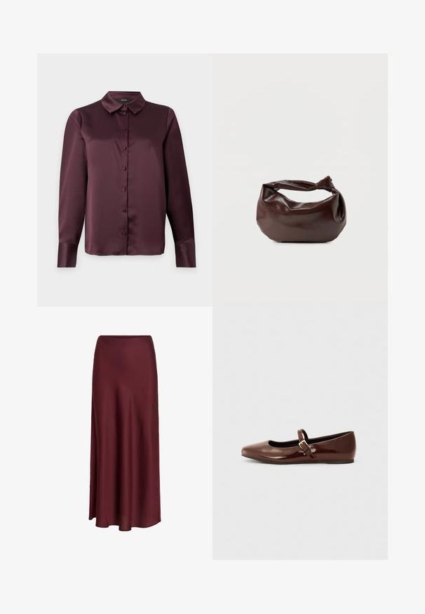 Bordeaux satijnen blouse met knopen, voorzien van een klassieke kraag, lange mouwen en een zachte textuur. Heeft een voorpand met bijpassende knopen.; Lange, donker bordeauxrode satijnen rok met een gladde textuur en een lichte uitwaaiering aan de zoom, getoond op een witte achtergrond.; Bruine gepatineerde leren balletschoen met een vierkante neus en een bandje met een kleine gouden gesp. Gladde textuur, lage hak en minimalistisch ontwerp.; Donkerbruine leren schoudertas met een zachte, slungelige vorm en een gedraaide knoopvormige handgreep op een effen witte achtergrond.