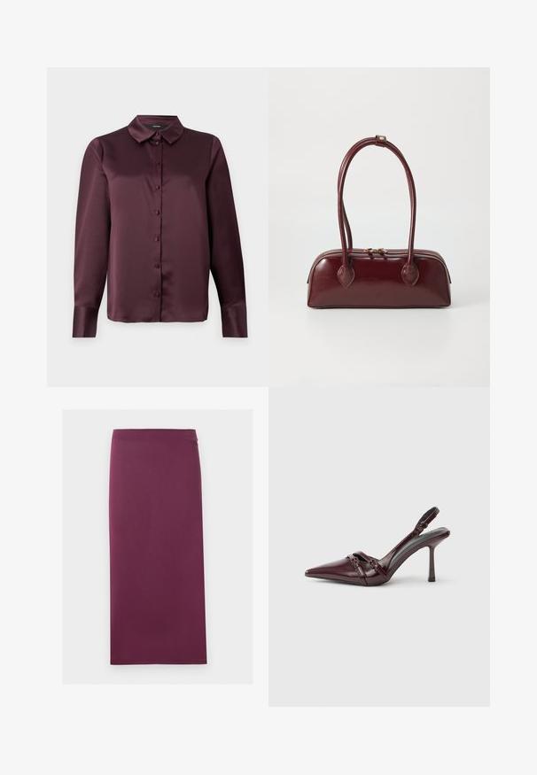 Bordeaux satijnen blouse met knopen, voorzien van een klassieke kraag, lange mouwen en een zachte textuur. Heeft een voorpand met bijpassende knopen.; Effen pruimkleurige kokerrok met rechte snit en midilengte, plat weergegeven tegen een witte achtergrond.; Bordeauxrode lakleren slingback met puntige neus, dunne enkelband en kleine decoratieve gespsluiting. Gladde textuur en hoge hak.; Bordeaux leren handtas met een gebogen vorm, dubbele handvatten, ritssluiting en subtiele stiksels. Gladde, hoogglanzende afwerking.