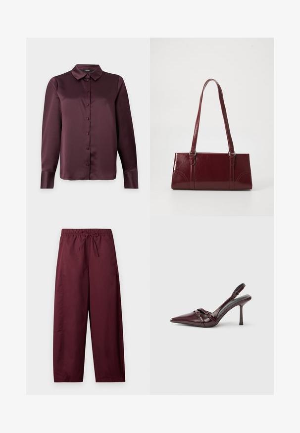 Bordeaux satijnen blouse met knopen, voorzien van een klassieke kraag, lange mouwen en een zachte textuur. Heeft een voorpand met bijpassende knopen.; Losse, bordeauxrode broek met elastische tailleband en trekkoord, rechte pijpen, zonder zichtbare zakken of patronen.; Bordeauxrode lakleren slingback met puntige neus, dunne enkelband en kleine decoratieve gespsluiting. Gladde textuur en hoge hak.; Bourgondische handtas van glanzend materiaal, rechthoekige vorm, met twee schouderbanden en subtiele gebogen accenten aan de voorkant.