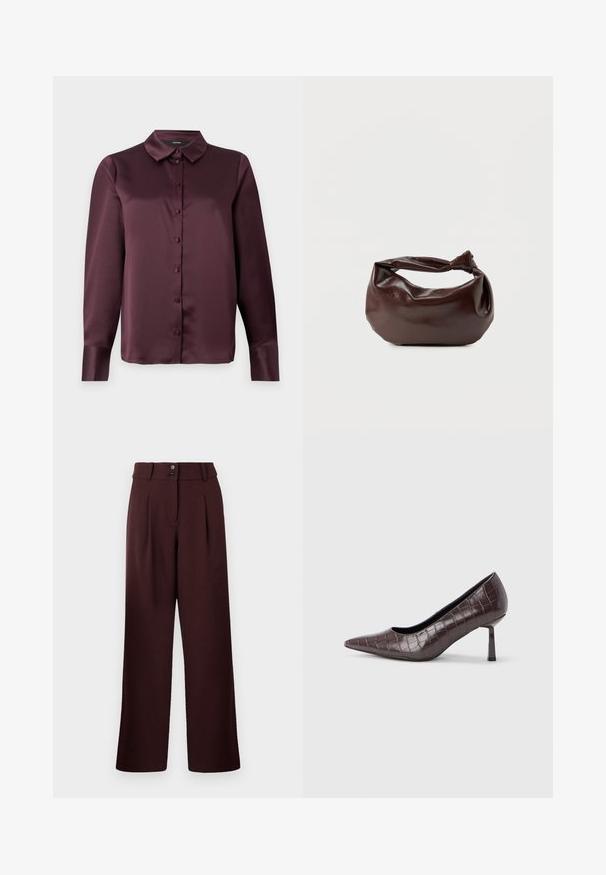 Bordeaux satijnen blouse met knopen, voorzien van een klassieke kraag, lange mouwen en een zachte textuur. Heeft een voorpand met bijpassende knopen.; Wijde broek in donker bordeaux, met een hoge taille, twee voorkreuken en een sluiting met twee knopen. Gemaakt van gestructureerde stof.; Bruine nepleren pumps met een puntige neus en krokodillenstructuur, voorzien van een slanke, hoekige hak en een gladde binnenvoering.; Donkerbruine leren schoudertas met een zachte, slungelige vorm en een gedraaide knoopvormige handgreep op een effen witte achtergrond.
