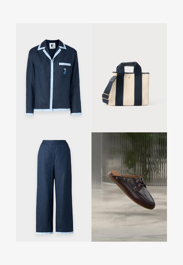 Marineblaues Leinenhemd mit hellblauem Kragen und Taschenbesatz. Verfügt über eine Brusttasche mit einem gestickten Design. Knopfverschluss auf der Vorderseite.; Navyweite Hosen aus Leinen mit elastischem Bund und kontrastierendem hellblauem Saum. Glatte Textur.; Dunkelbrauner Leder-Slipper mit Schnürsenkeln und Metallösen, der über einem grauen Betonboden mit einer strukturierten, transluzenten Hintergrund schwebt.; Kleine beige Canvas-Shopper-Tasche mit zwei breiten schwarzen vertikalen Trägern, kurzem Griff und verstellbarem Schultergurt mit goldener Schnalle.